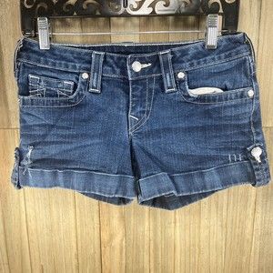 True Religion Women's Size 28 Cuffed Zipper Denim Sparkle Buttons Blue Shorts